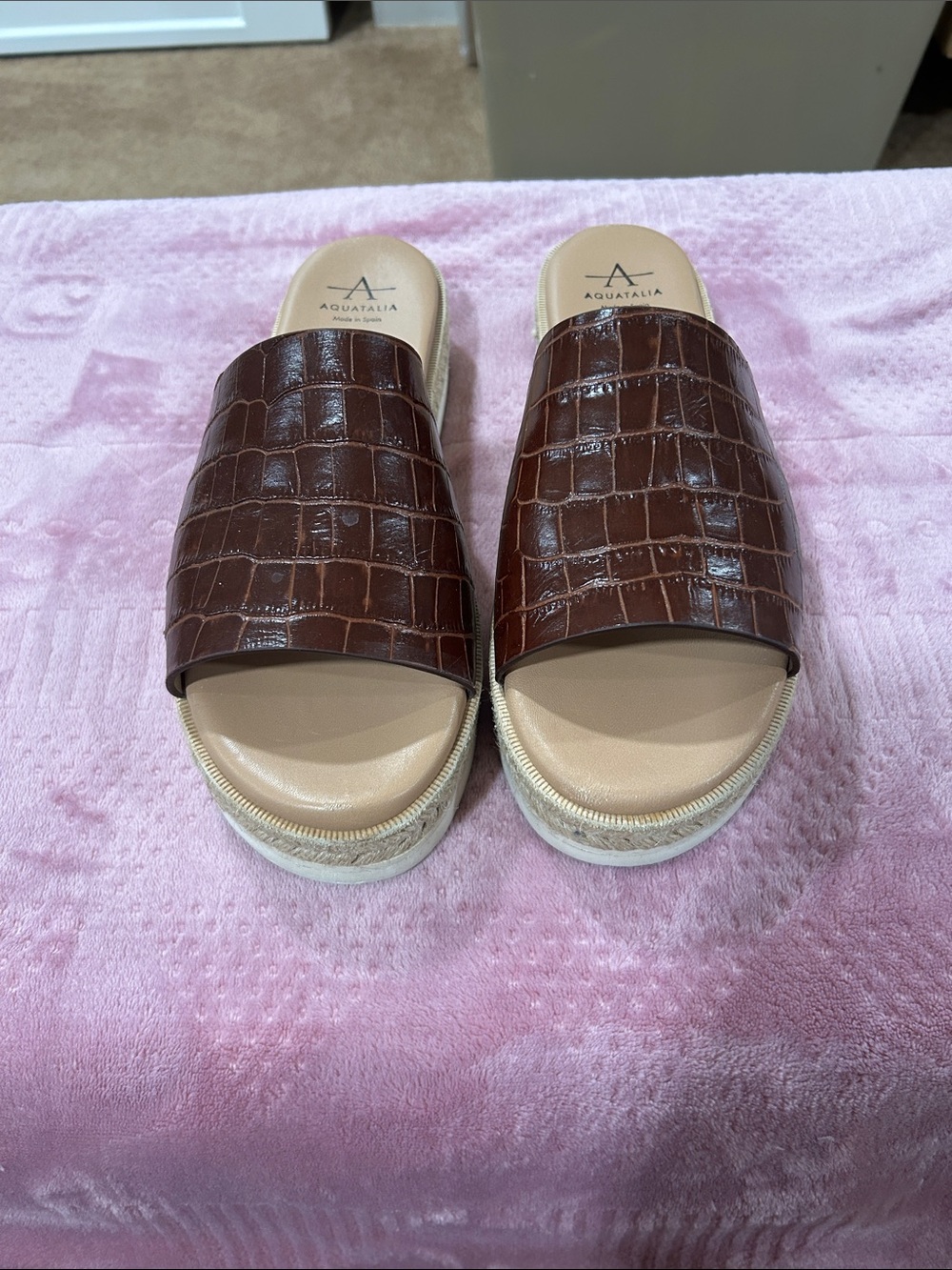 Aquatalia Brown Croc-Embossed Slide Sandals with Espadrille Platform